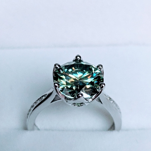 3CT Stunning Authentic Blue Green Moissanite Diamond Alternative Ring, Cathedral - Picture 7 of 13